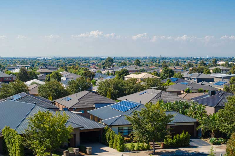 Aerial view of residential houses in Melbourne's suburb.